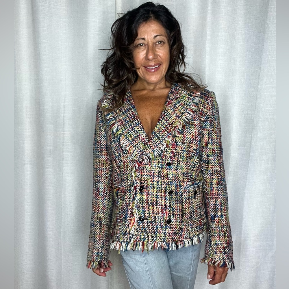 Oscar De La Renta Colorful Tweed Fringe Womens Jacket Blazer Size 8 Petite